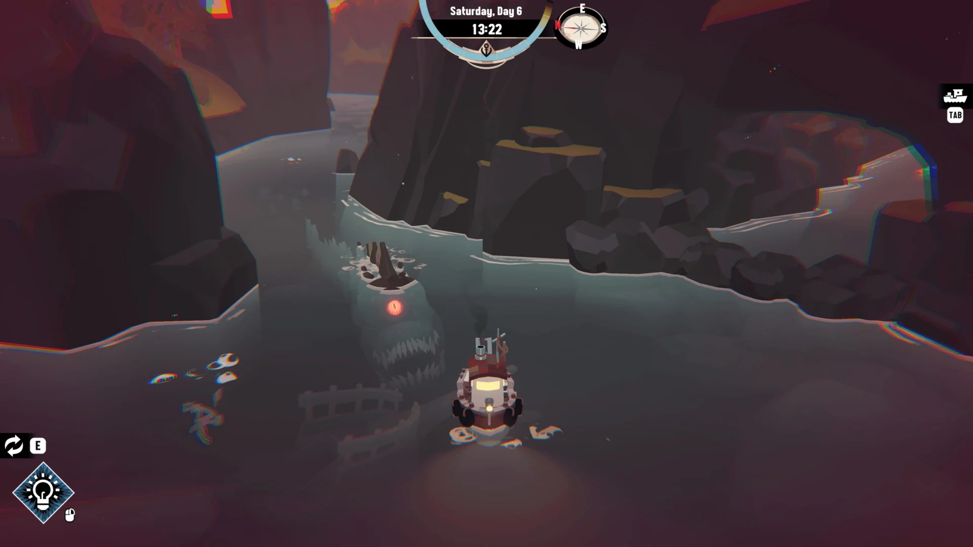 A boat is surrounded by monsters. 
