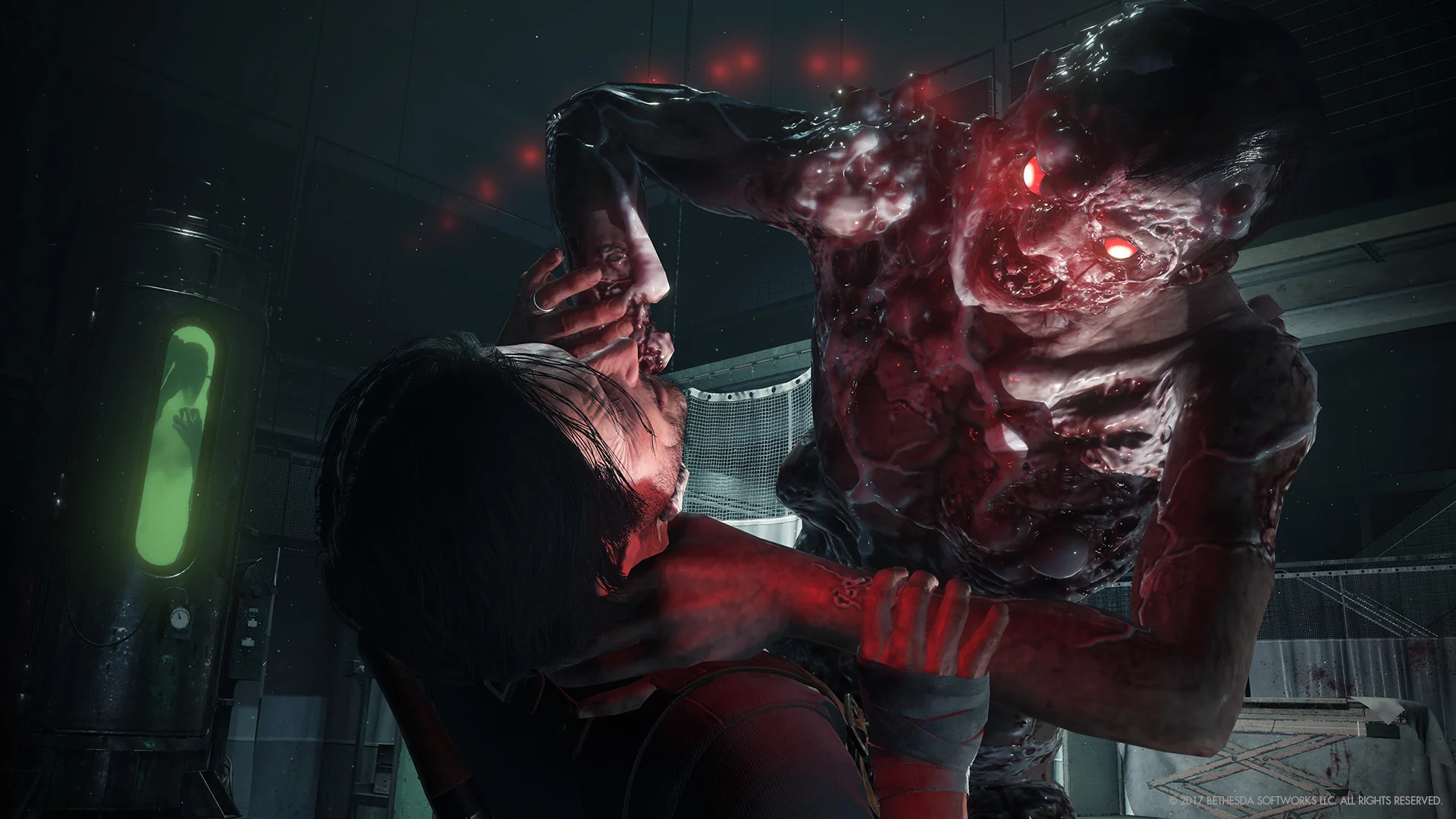 A man fights a monster. 