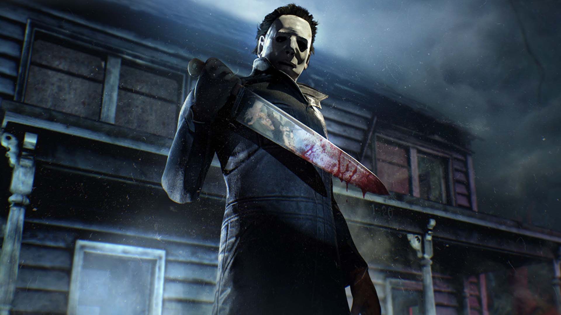 A man stands with a bloody knife. 