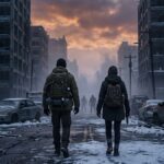 Dos supervivientes avanzan por una ciudad abandonada cubierta de nieve