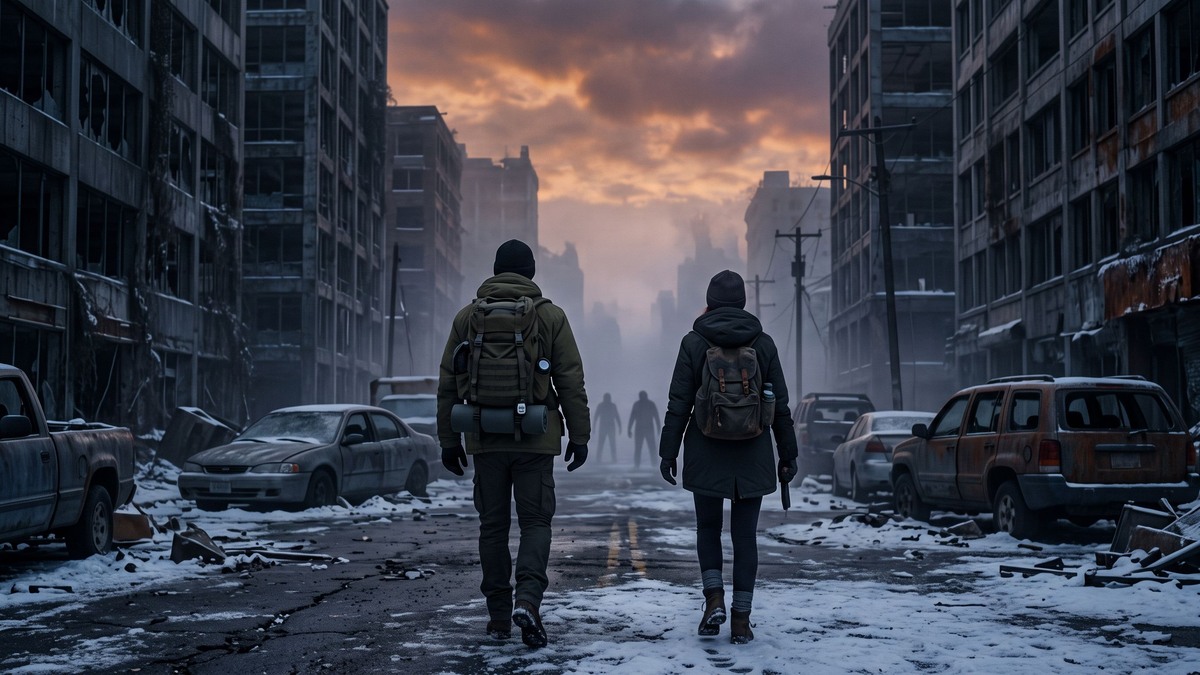 Dos supervivientes avanzan por una ciudad abandonada cubierta de nieve